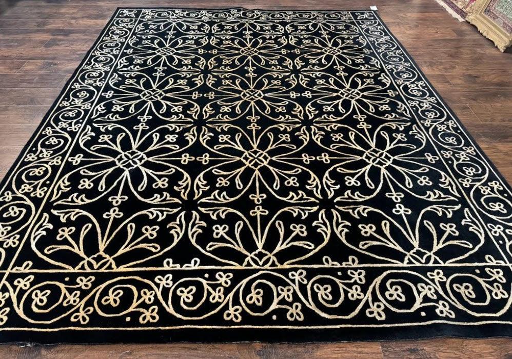 Tibetan Rug 8x10 Wool Silk Handmade With Raised Pattern Black And Gold Floral