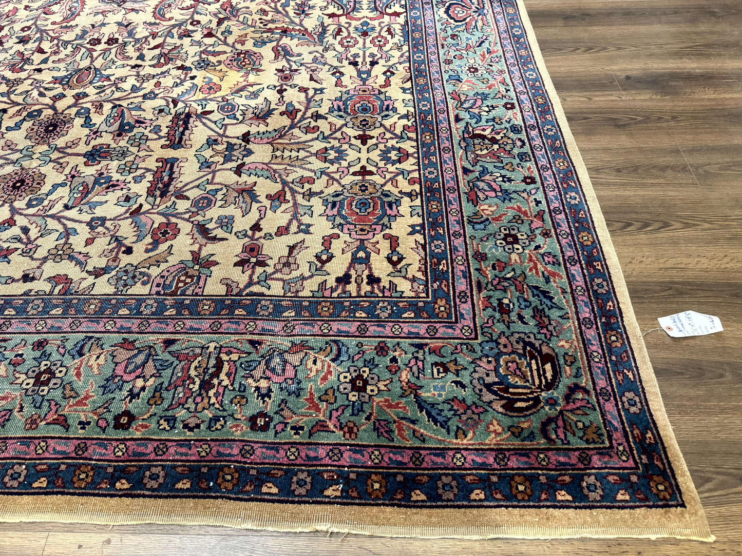 Rare Antique Persian Samarkand Rug 10x15 Camel And Cyan Allover Pattern