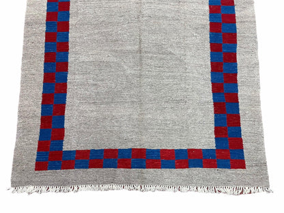Turkish Kilim Rug Hand Knotted Wool Geometric Gray Blue Red Border 5 Ft 7 In By 7 Ft 7 In