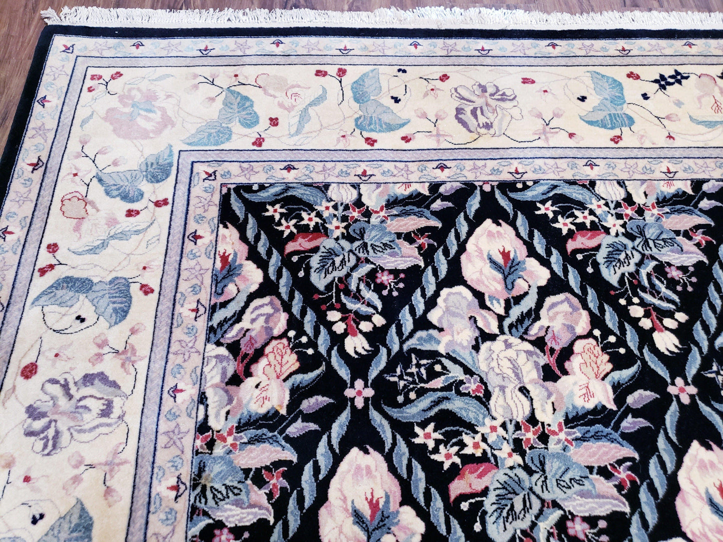 Black Kirman Rug Wool Handmade Floral Oriental Carpet 8x11 Room Size