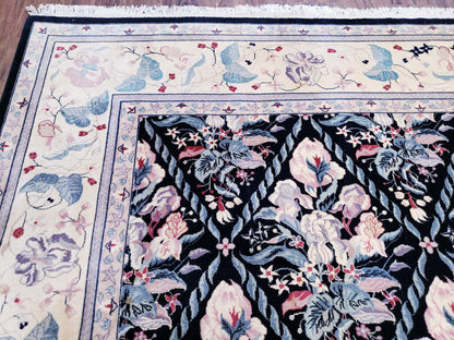 Black Kirman Rug Wool Handmade Floral Oriental Carpet 8x11 Room Size