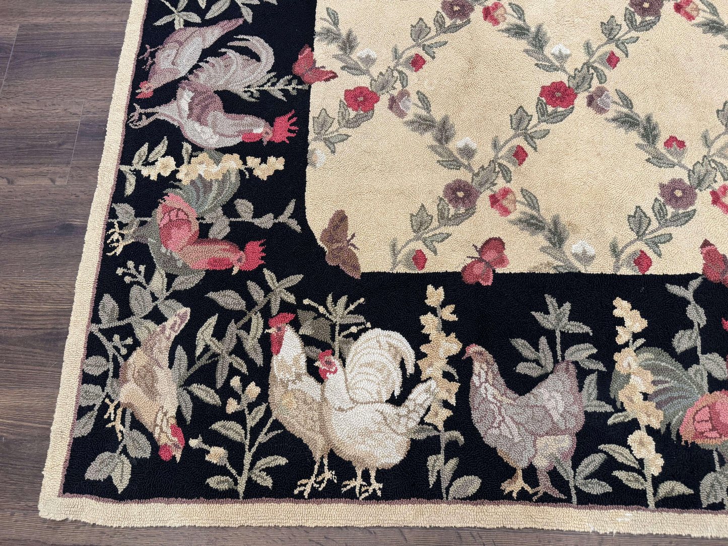 Vintage Hooked Rug 7x9 Rooster Border With Roses And Butterflies