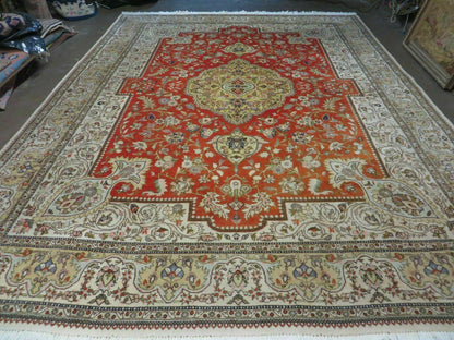 Vintage Persian Tabriz Rug 9x12 Hand Knotted Wool Floral Medallion