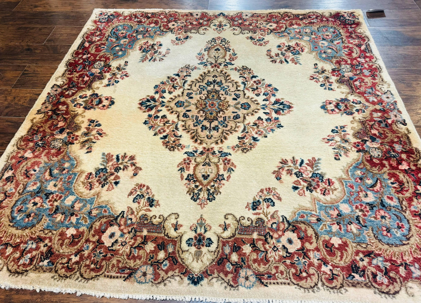 Persian Kerman Rug Square 5.5 by 5.5 Ft Beige Cream and Light Blue