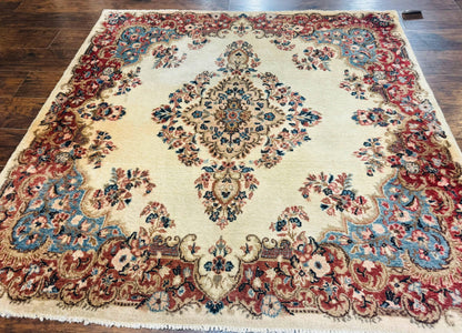 Persian Kerman Rug Square 5.5 by 5.5 Ft Beige Cream and Light Blue