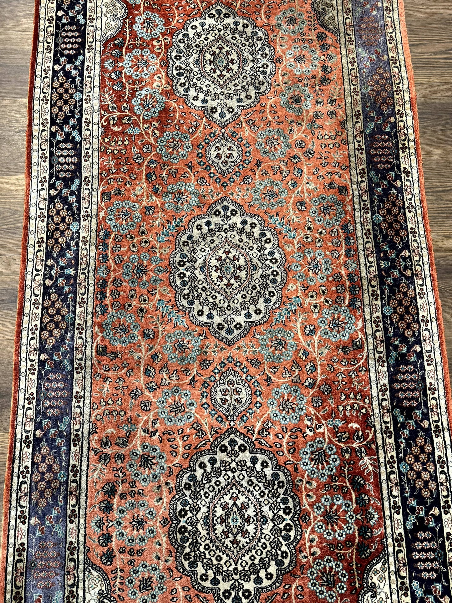 Turkish Silk Runner Rug 3x8 Hand Knotted Red Floral Medallions Vintage Kayseri