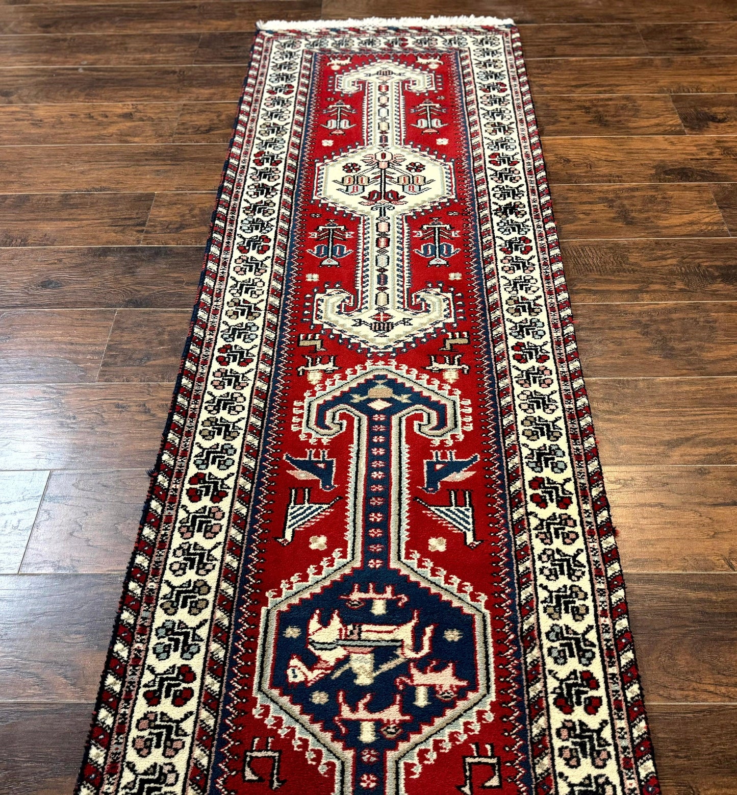 Indo Persian Runner Rug Vintage Handmade Wool Geometric Tribal Design