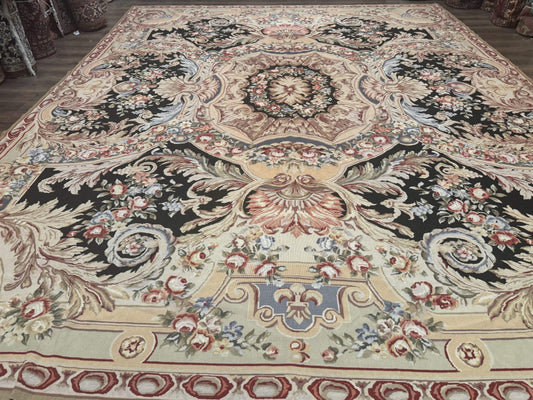 Elegant Aubusson Needlepoint Rug 10x14 Wool Floral European Design