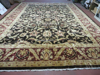 Vintage Indian Agra Hand Knotted Wool Rug 11x15 Floral Dark Brown