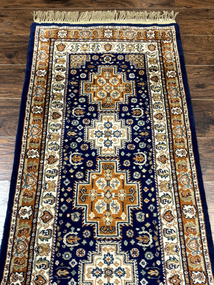 Indo Persian Kashmiri Wool Runner Rug 2.6x12.7 Navy Blue Geometric Medallions Handmade