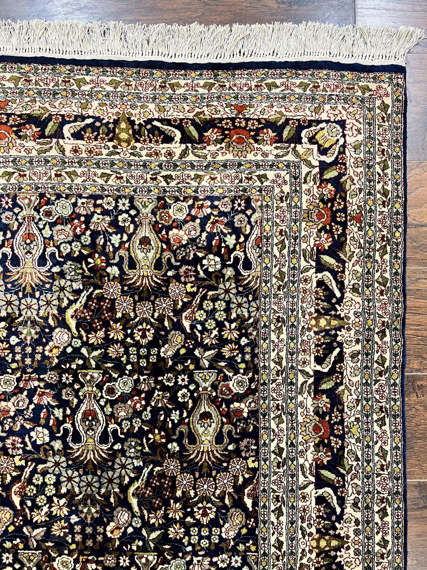 Kashmiri Silk Rug 5x7 Navy Blue Indo Persian Hand Knotted Birds Pattern Silk Carpet