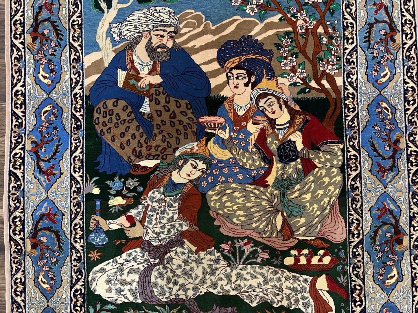 Isfahan Pictorial Rug Fine Persian Hand Knotted Blue Silk Foundation 3.7 x 5 Semi Antique