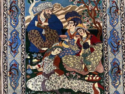 Isfahan Pictorial Rug Fine Persian Hand Knotted Blue Silk Foundation 3.7 x 5 Semi Antique