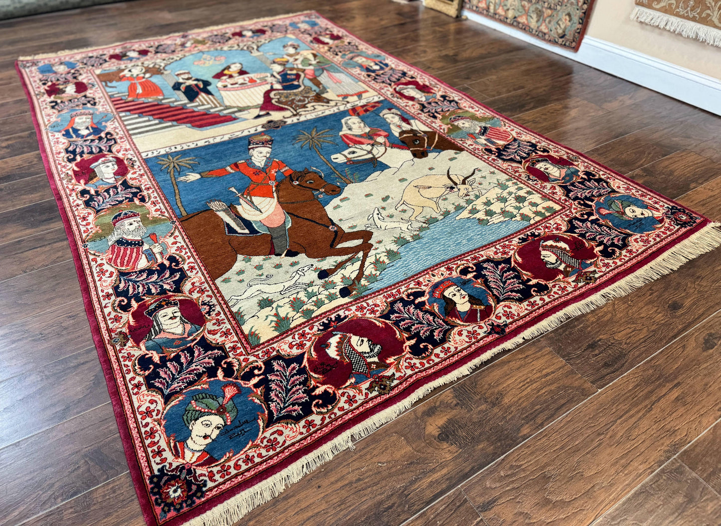 Persian Kashan Pictorial Rug 6x9 Hand Knotted Wool Wall Hanging King Bahram Hunting Scene Antique