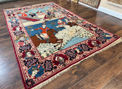 Persian Kashan Pictorial Rug 6x9 Hand Knotted Wool Wall Hanging King Bahram Hunting Scene Antique