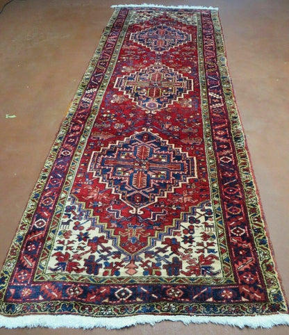Heriz Persian Runner Rug Hand Knotted Wool Medallion Design Antique Oriental Hallway Rug 3 Ft 9 In By 10 Ft 8 In
