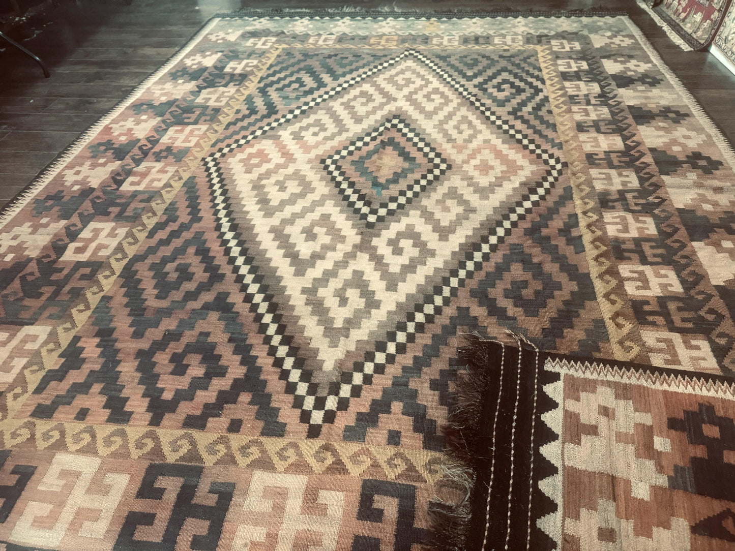 Antique Persian Kilim Rug 9x12 Zarand Handwoven Wool Zigzag Pattern In Earth Tones