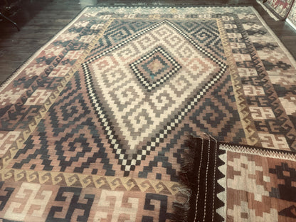 Antique Persian Kilim Rug 9x12 Zarand Handwoven Wool Zigzag Pattern In Earth Tones