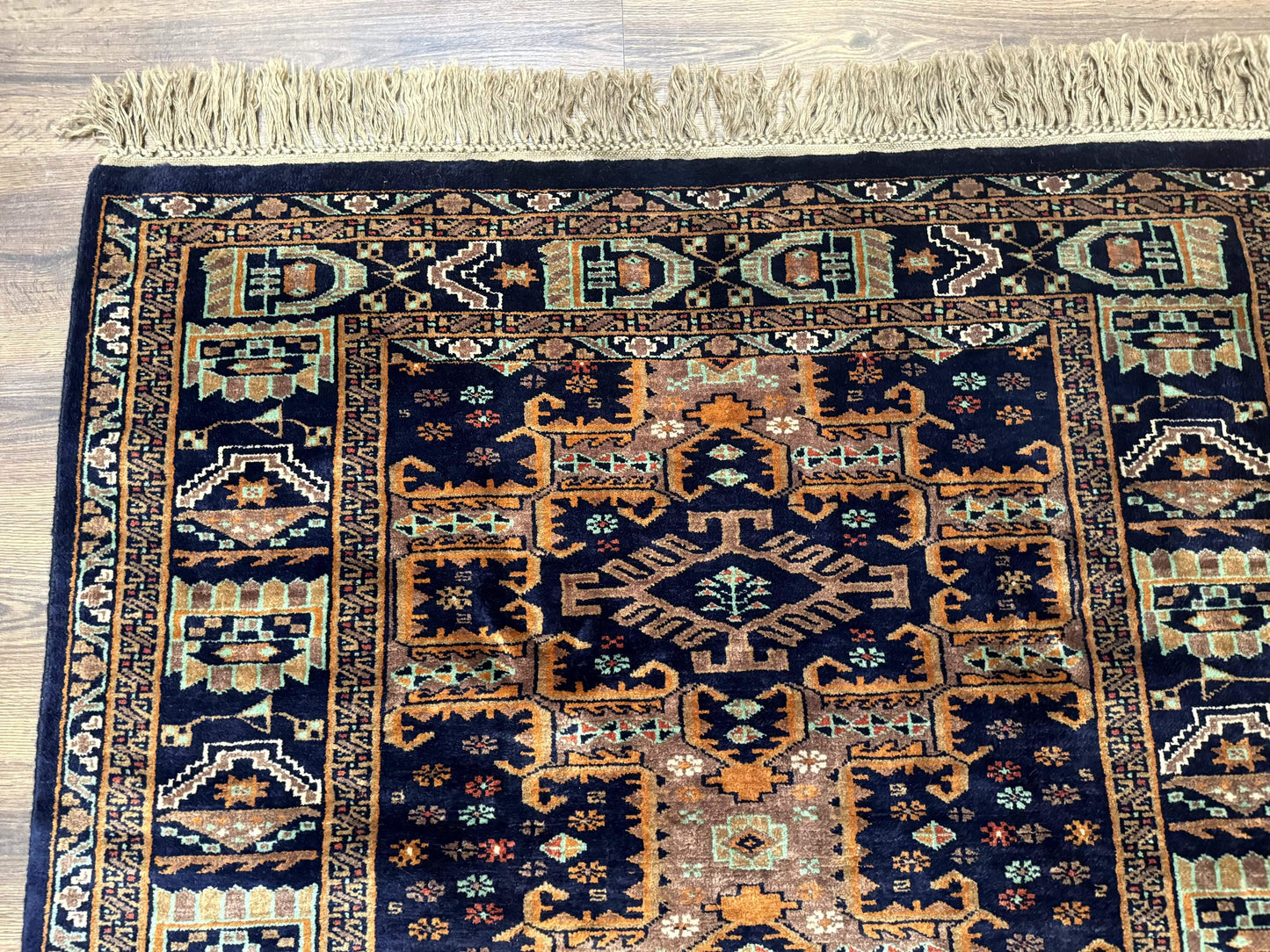 Vintage Afghan Rug 4x6 Hand Knotted Wool Geometric Medallions Navy Blue and Light Brown Tribal Style