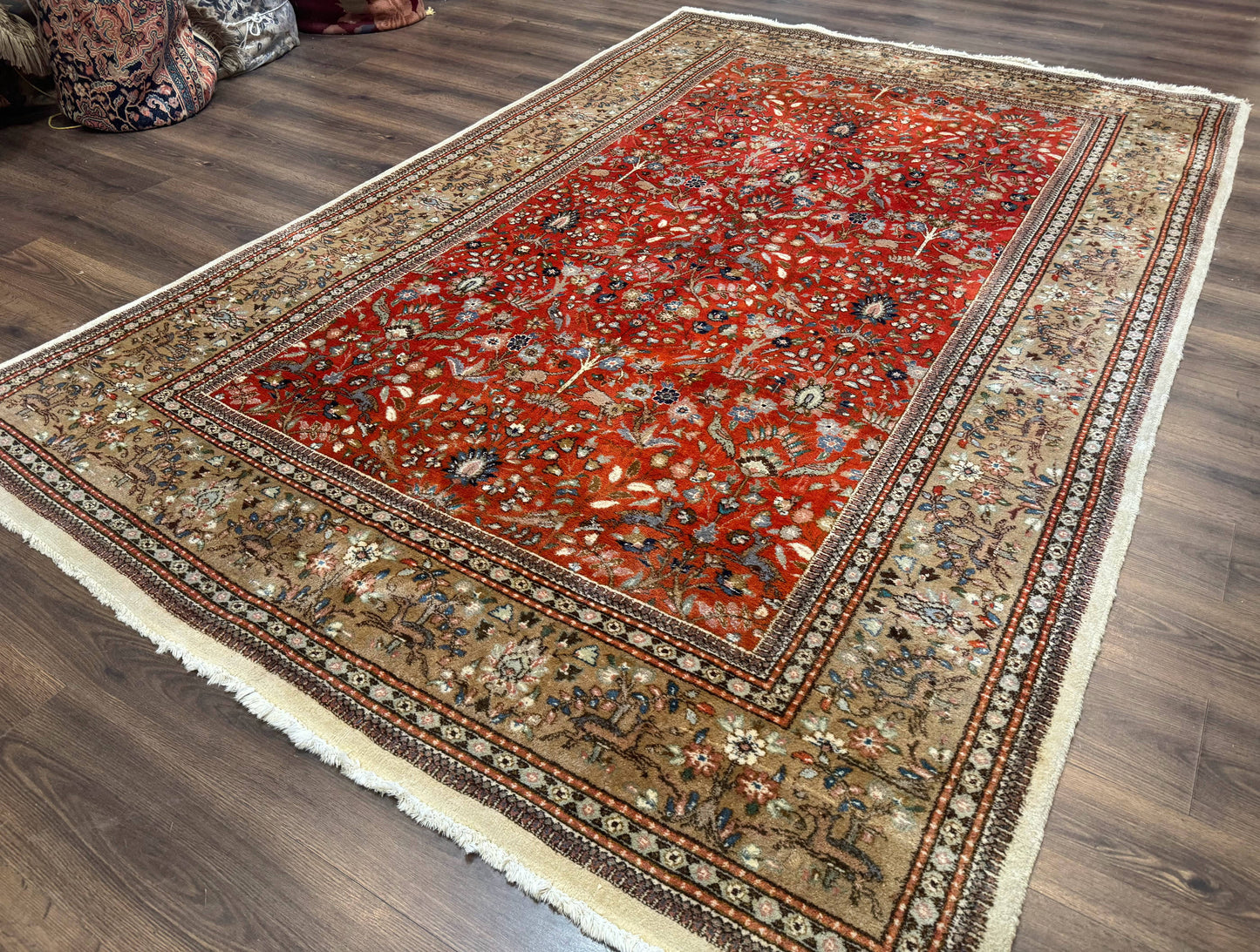 Persian Tabriz Rug 6x10 Burnt Orange Floral Deer