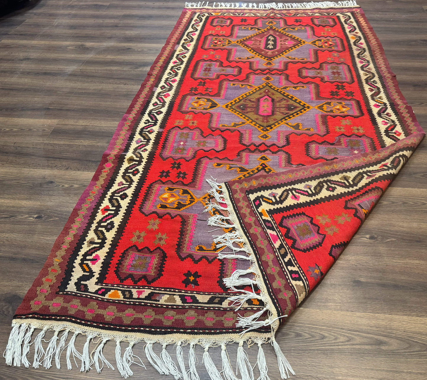 Persian Kurdish Zarand Kilim Rug 5x9 Runner With Red Field And Geometric Medallions