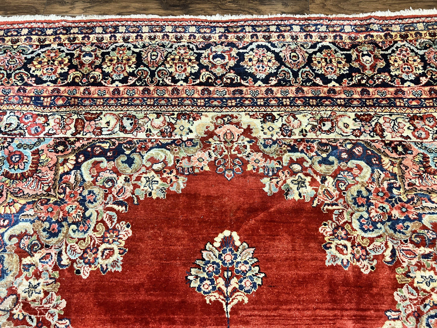 Persian Sarouk Rug 11x14 Handmade Wool Floral Red And Blue Semi Antique