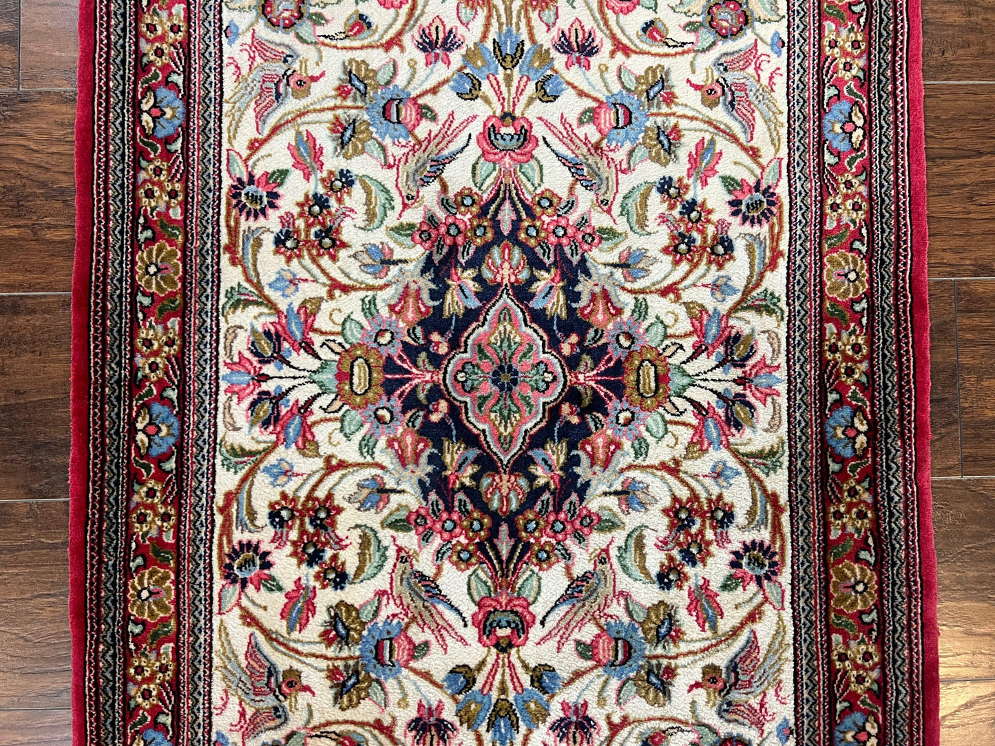Persian Qum Runner Rug 2.8 x 10 Feet Hand Knotted Wool Floral Medallions With Birds