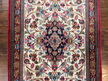 Persian Qum Runner Rug 2.8 x 10 Feet Hand Knotted Wool Floral Medallions With Birds