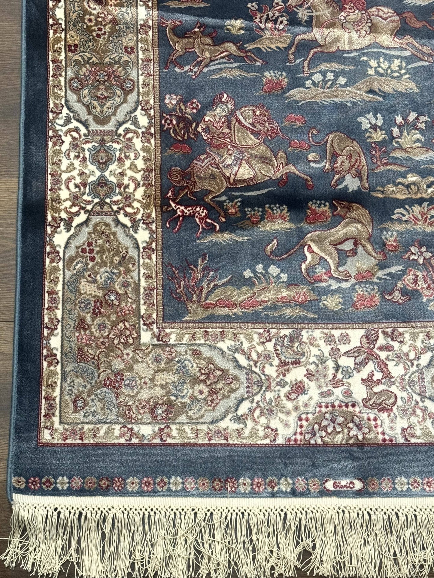 Turkish Silk Rug Runner 2.6 by 6.7 Blue Ivory Bamboo Silk Contemporary Design