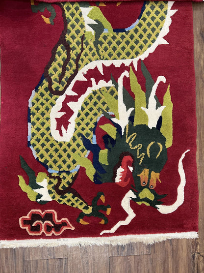 Vintage Chinese Dragon Rug 3x6.8 Handmade Hand Knotted Red Gold Dragon Art Deco Runner