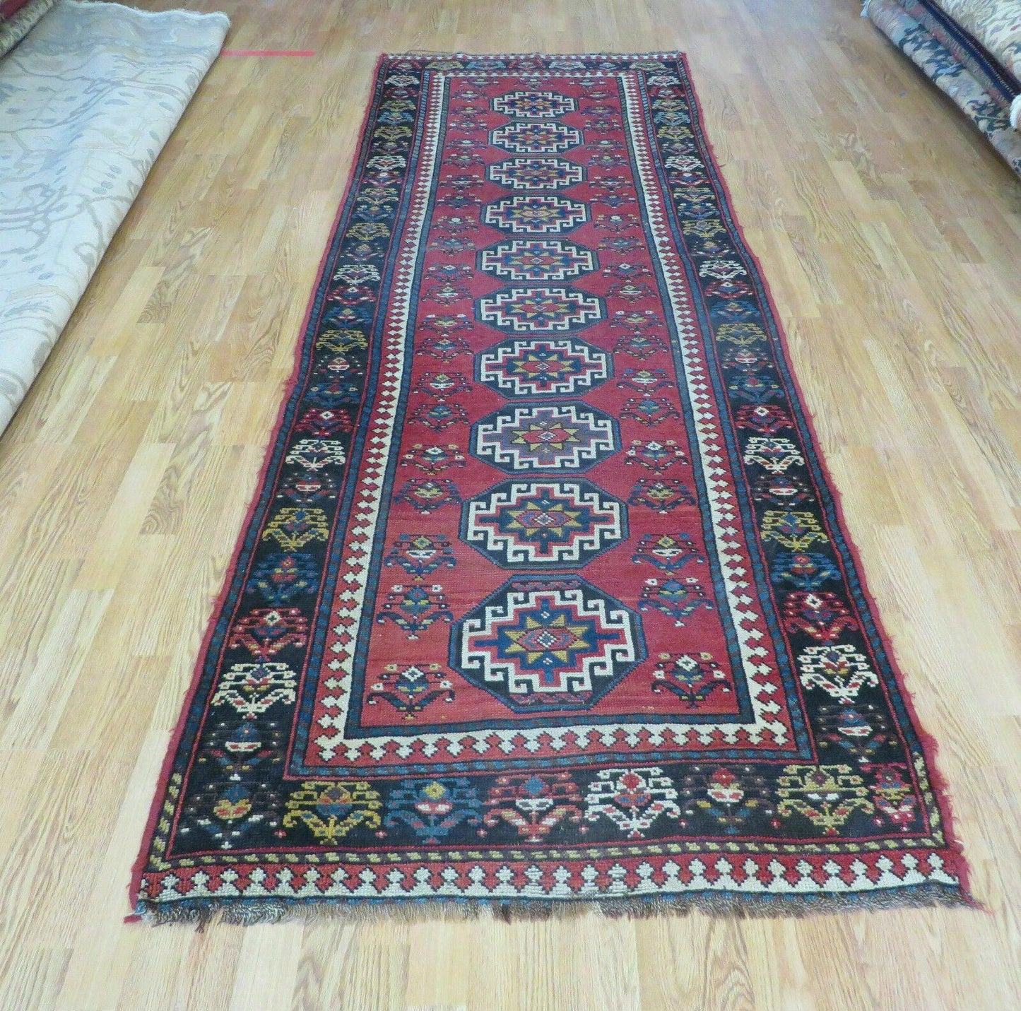 Hand Knotted Caucasian Kazak Wool Runner Rug Antique 1920s Medallion Design