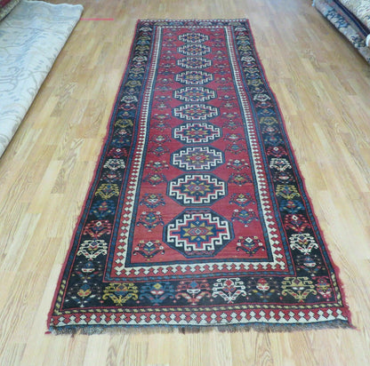 Hand Knotted Caucasian Kazak Wool Runner Rug Antique 1920s Medallion Design