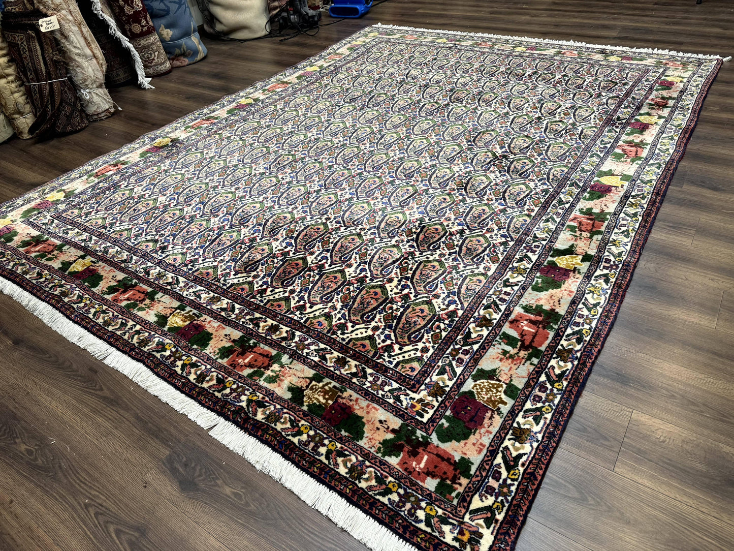 Persian Kurdish Rug 8x11 Boteh Design With Repeated Paisleys And Bird Pictorials Sannadaji Carpet