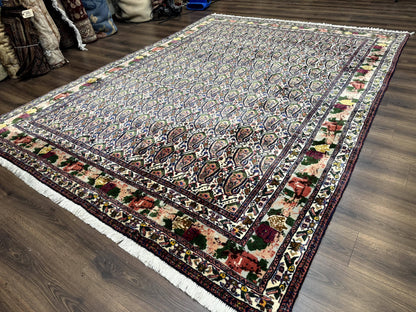 Persian Kurdish Rug 8x11 Boteh Design With Repeated Paisleys And Bird Pictorials Sannadaji Carpet