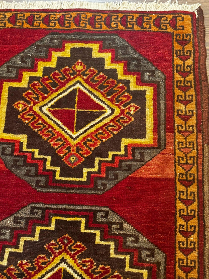 Turkish Yastik Rug 2x3 Antique Red Wool With Double Medallions Geometric Design