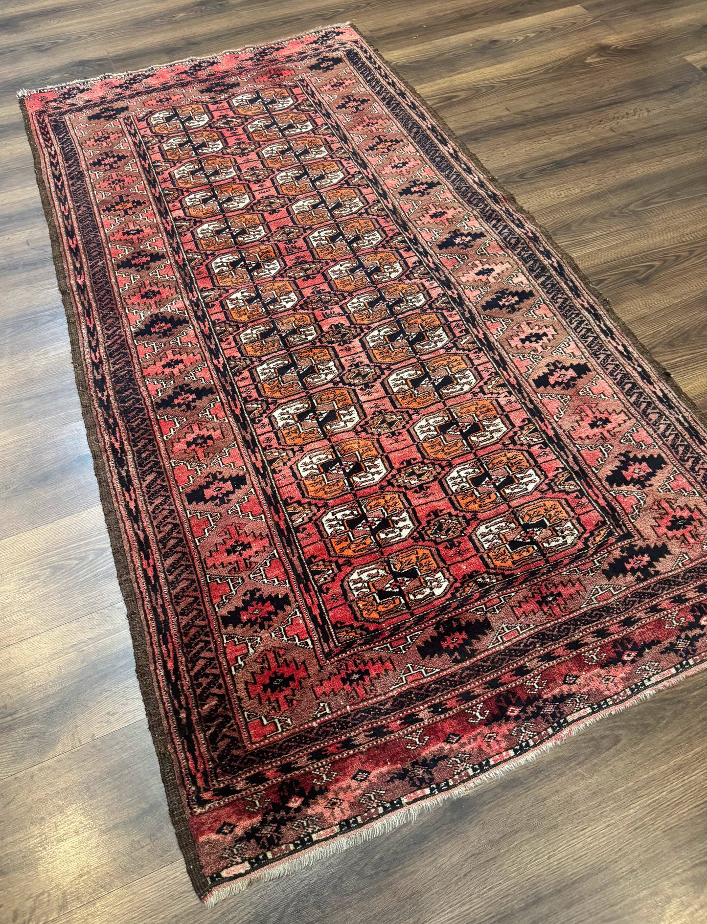 Antique Turkoman Rug Hand Knotted Wool Runner Red 3.7 By 6.7 Feet Home Decor