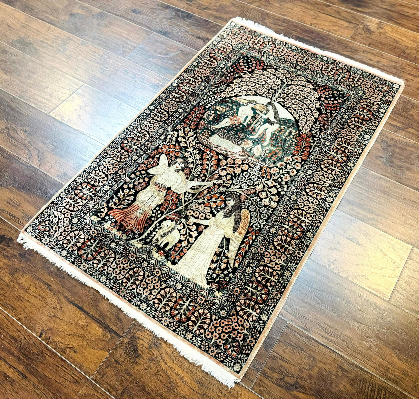 Sino Persian Pictorial Rug Garden Of Eden Adam And Eve Tree Of Life Design Silk Hand Knotted 580 KPSI Masterpiece 2.7x4