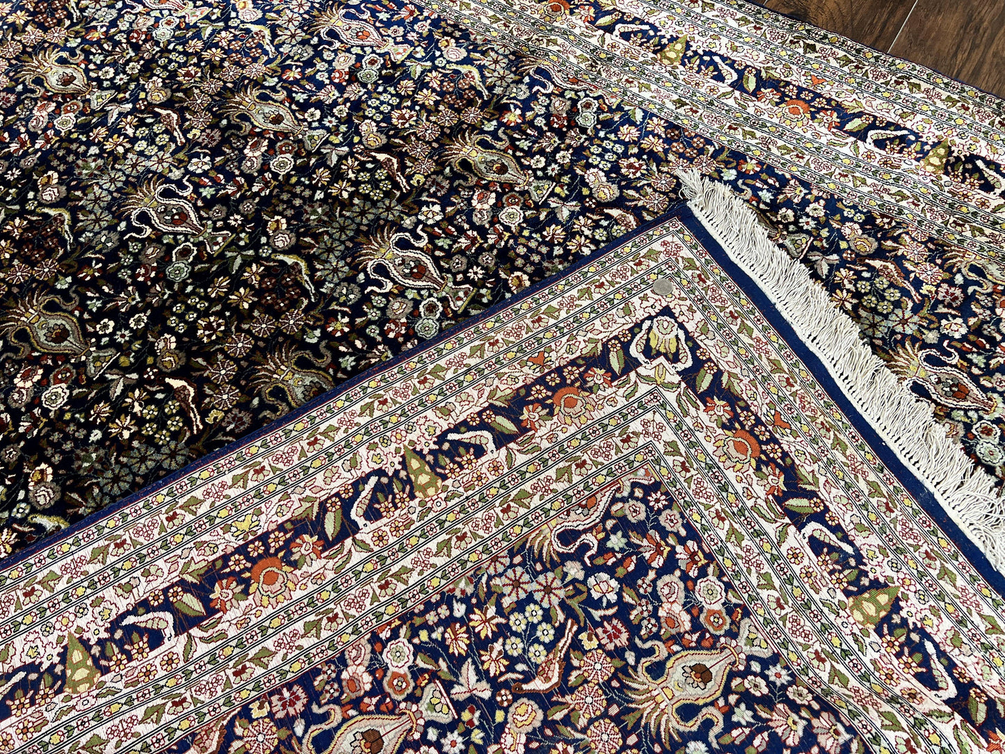 Kashmiri Silk Rug 5x7 Navy Blue Indo Persian Hand Knotted Birds Pattern Silk Carpet