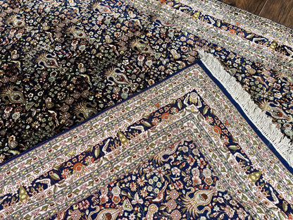 Kashmiri Silk Rug 5x7 Navy Blue Indo Persian Hand Knotted Birds Pattern Silk Carpet