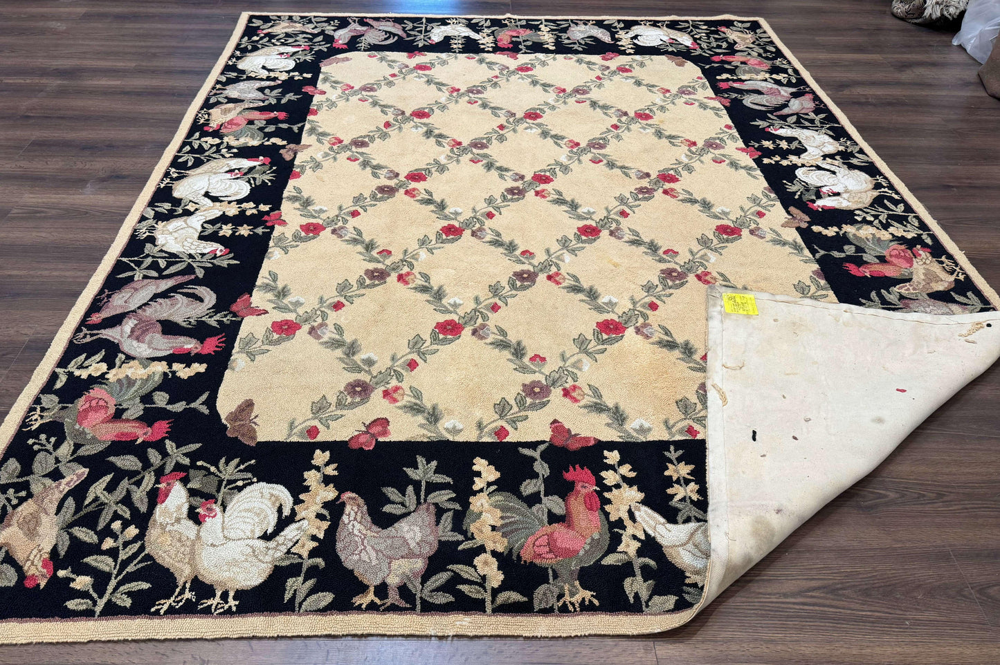 Vintage Hooked Rug 7x9 Rooster Border With Roses And Butterflies