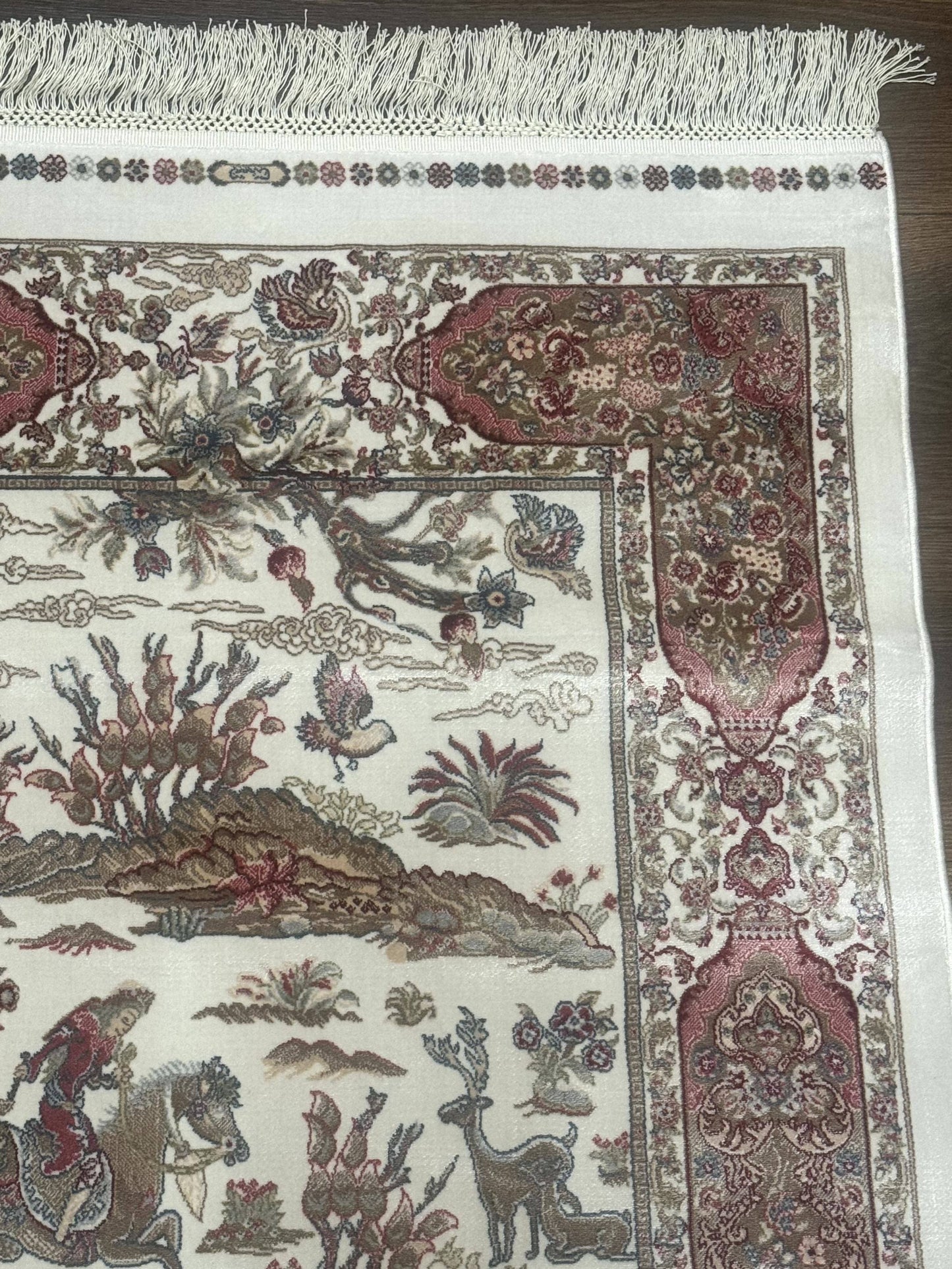 Turkish Silk Runner Rug 2.6 x 8 Ivory Bamboo Silk Hunting Design