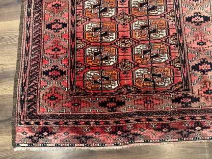 Antique Turkoman Rug Hand Knotted Wool Runner Red 3.7 By 6.7 Feet Home Decor