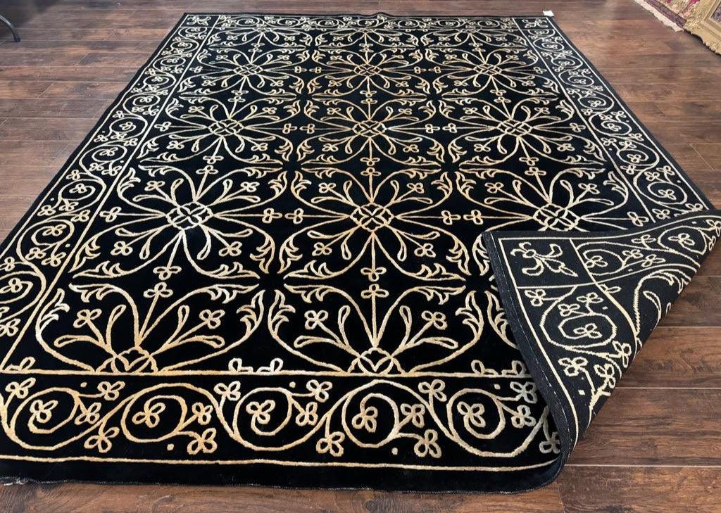 Tibetan Rug 8x10 Wool Silk Handmade With Raised Pattern Black And Gold Floral