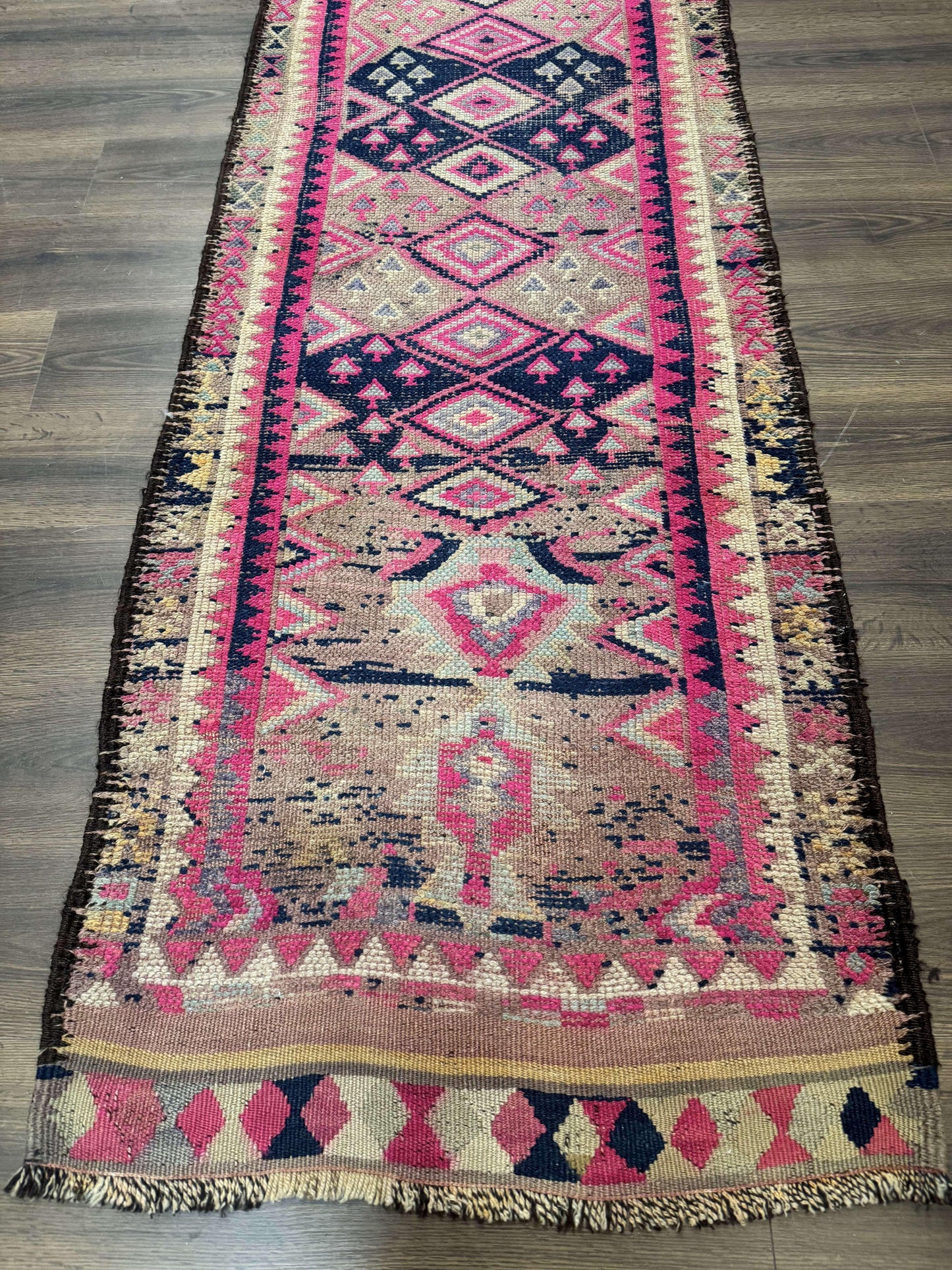 Turkish Runner Rug 3x10 Pink And Navy Blue Bohemian Hallway Kitchen Vintage Geometric Tribal