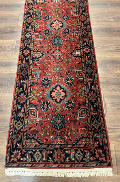 Indo Persian Heriz Runner Rug 2x12 Hand Knotted Wool Hallway Rug Red And Black