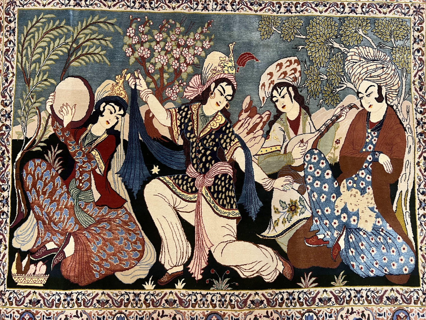 Persian Pictorial Rug Five By Four Feet Isfahan Kork Wool On Silk Foundation Master Weaver Signature Birds And Drums