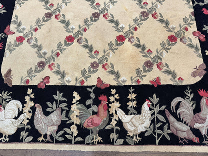 Vintage Hooked Rug 7x9 Rooster Border With Roses And Butterflies