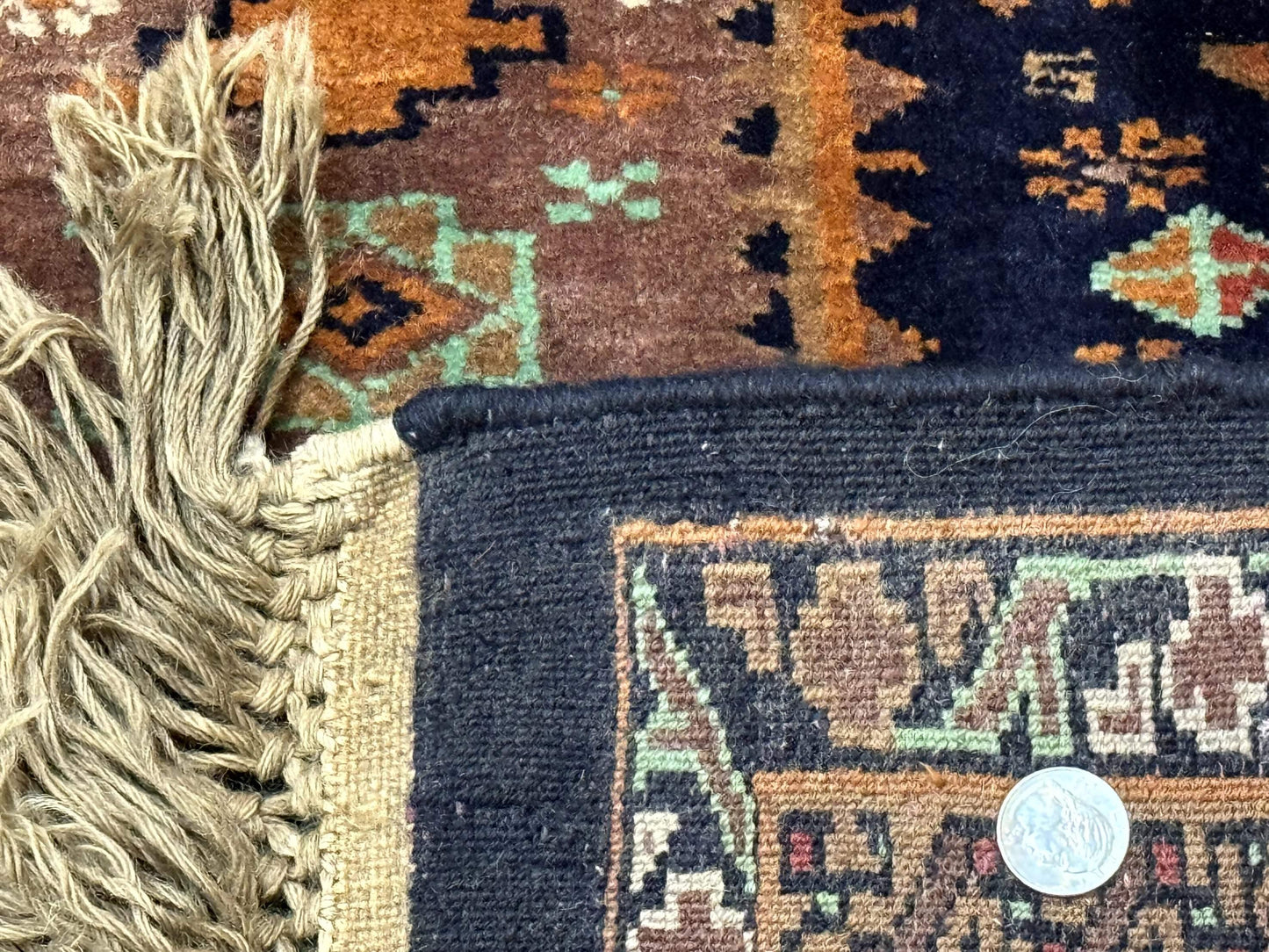 Vintage Afghan Rug 4x6 Hand Knotted Wool Geometric Medallions Navy Blue and Light Brown Tribal Style
