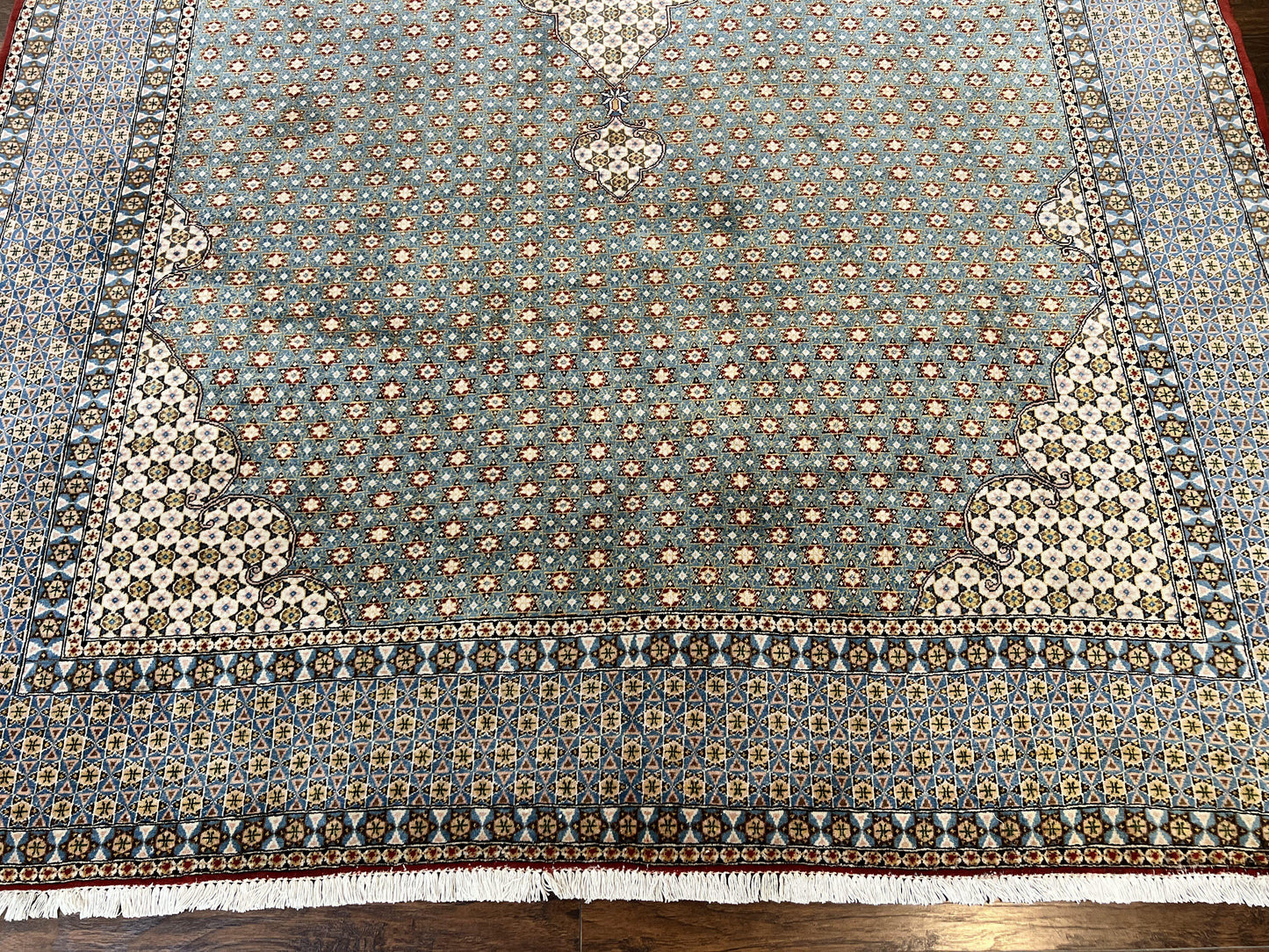 Qum Persian Rug Hand Knotted Wool 8x12 Vintage Star Motifs Blue Ivory