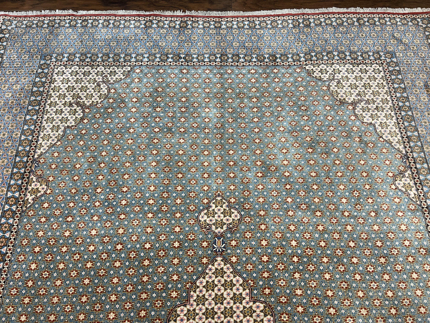 Qum Persian Rug Hand Knotted Wool 8x12 Vintage Star Motifs Blue Ivory